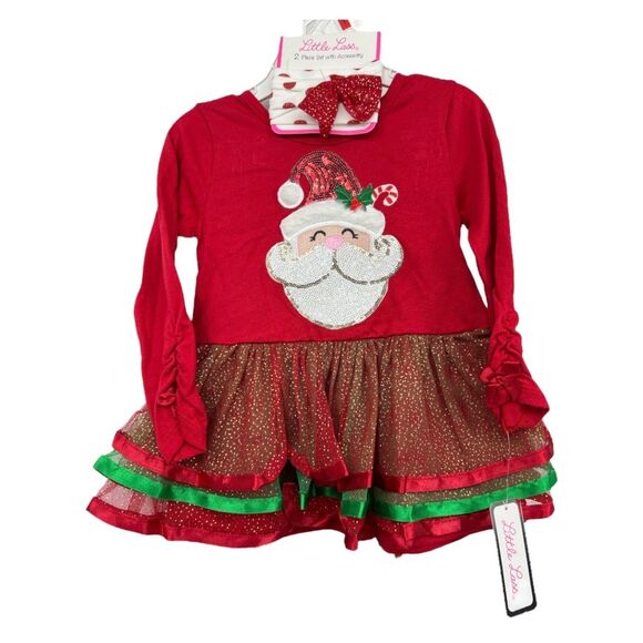 Holiday Santa Claus Outfit 18 M Girls Christmas 3 pc Tulle Top Leggings Hair bow - Picture 3 of 7